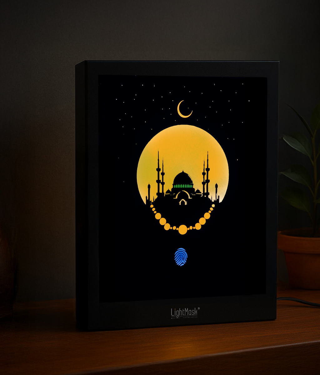 Glowing Mosque & Tasbih Shadow Box – Spiritual Islamic Art for Wall Decor