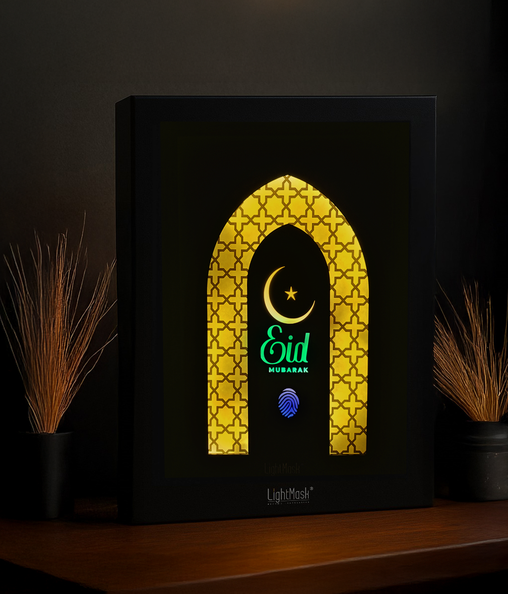 Eid Mubarak Shadow Box – Glowing Islamic Arch with Moon & Prayers