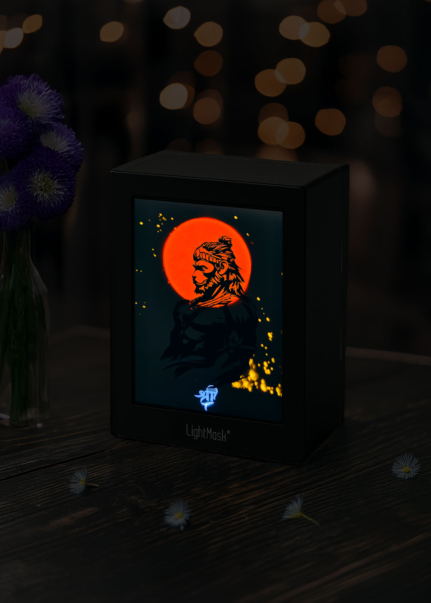 Hanuman Shadow Box – Glowing Side View with Red Aura & Divine Spark