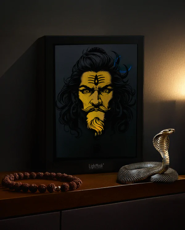 Lord Shiva LightMask® Shadow Box – Glowing Mahadev Close-Up Artwork | Divine Wall Decor
