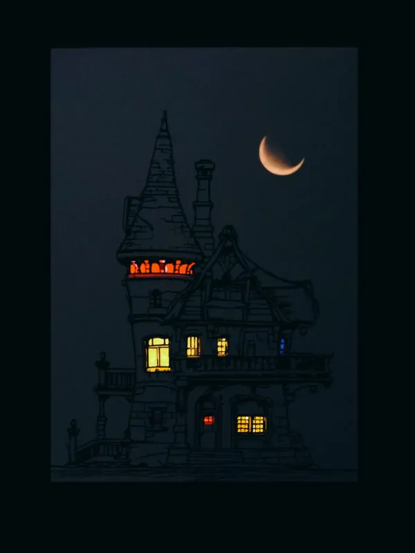 Moonlit Castle – Shadow Box Frame of an Old House with Glowing Moonlight