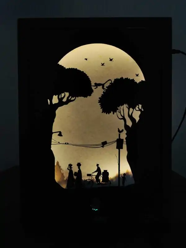 Village Life Harmony – Serene Rural Shadow Box Frame with LED Light