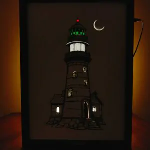 Moonlit Lighthouse – Heritage Shadow Box Frame with Layered Light Effects