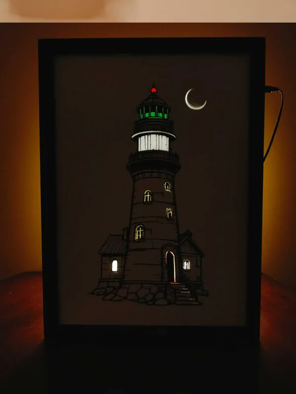 Moonlit Lighthouse – Heritage Shadow Box Frame with Layered Light Effects