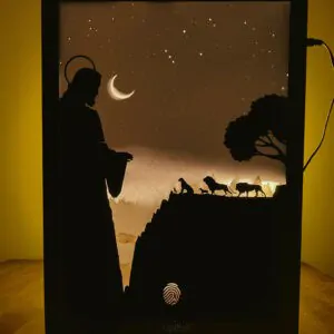 Jesus – Sunset Mountain Shadow Box with Glowing Moon & Starry Sky