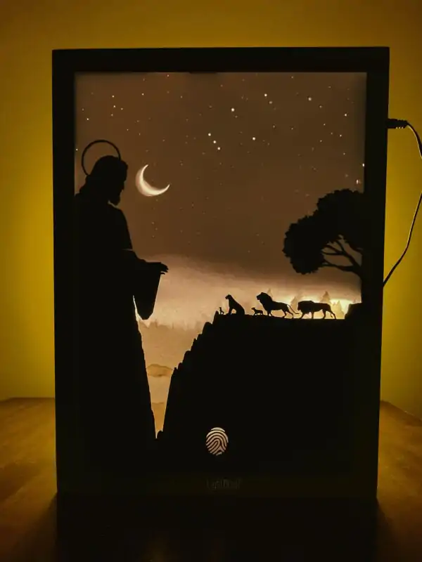 Jesus – Sunset Mountain Shadow Box with Glowing Moon & Starry Sky