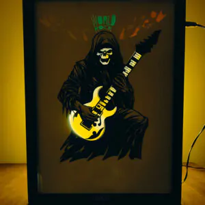 Rockstar Skeleton – Shadow Box Frame with LED Glow | Guitarist Skull Art for Music Lovers