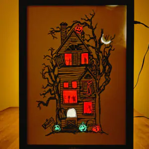 Spooky Halloween House – Shadow Box Frame with Glowing Pumpkins & LED Light