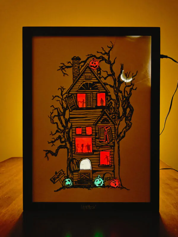 Spooky Halloween House – Shadow Box Frame with Glowing Pumpkins & LED Light