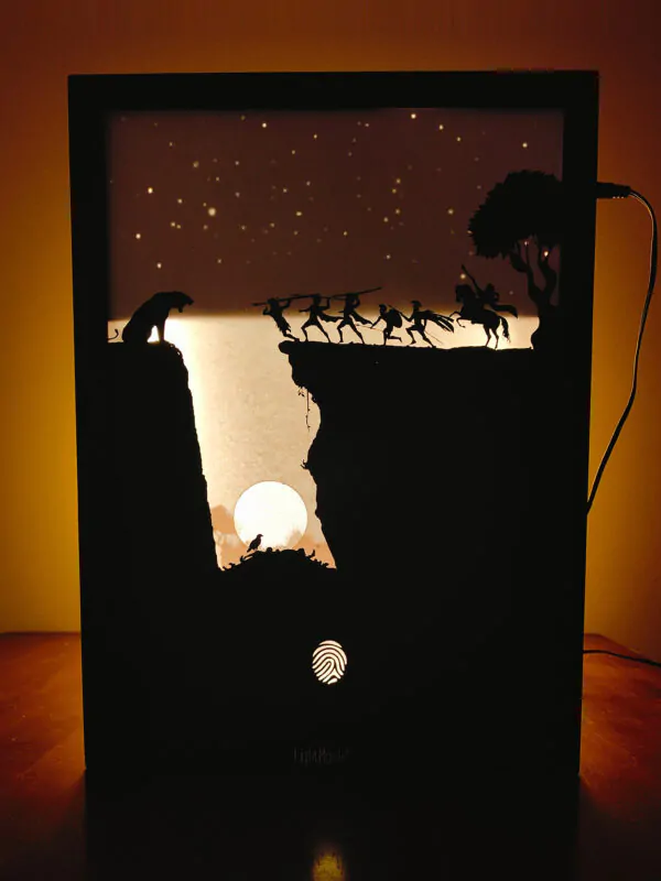 Warrior at Dusk – Shadow Box Frame with LED Light | Sunset Duel Scene with Tiger & Valley