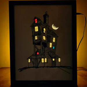 Moonlit Wooden House – Shadow Box Frame with Glowing Windows & LED Moonlight | Vintage Night View Decor